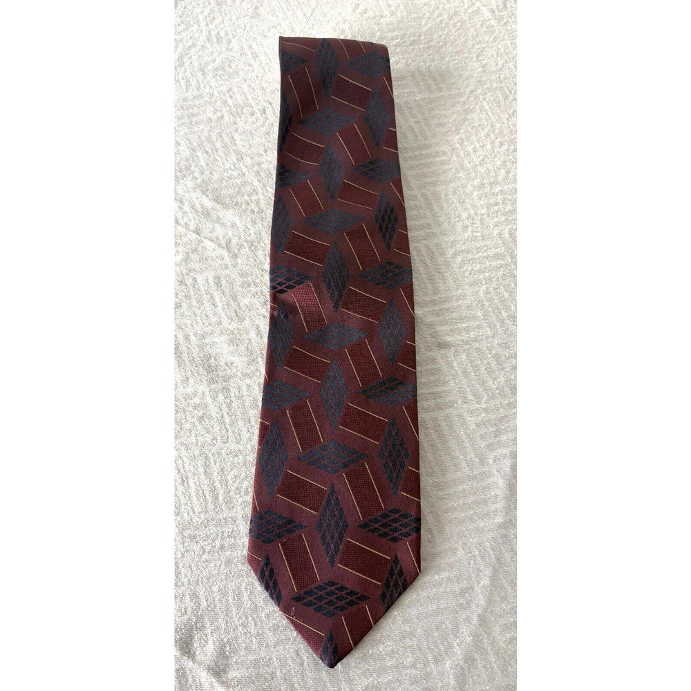 Villa Bolgheri Luxury Classic Width Red Burgundy Geometric Pattern 100% Silk Tie